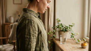 A person in profile at a sunlit windowsill rolls their shoulders back and breathes out, a leggy plant and glass of water beside them.