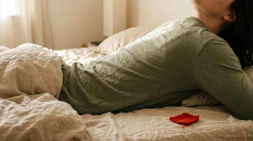 A person in sage clothing lies on their side on rumpled linen sheets, breathing slowly in late afternoon light.