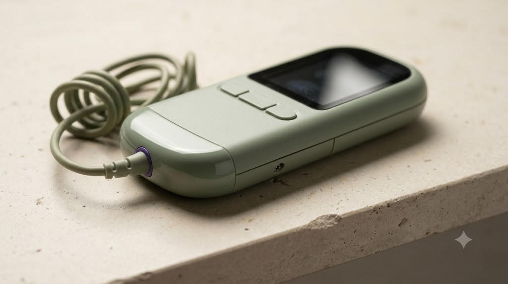 A photograph of a small sage handheld nerve stimulator with a dark screen and a loosely coiled cable resting on a pale stone shelf.