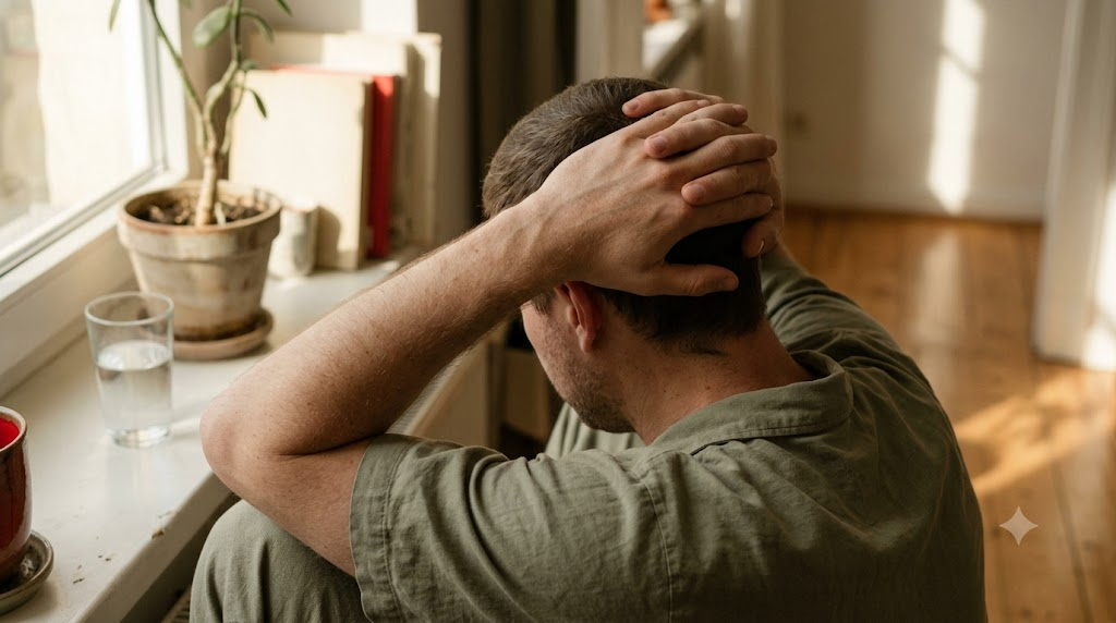 A person seen over the shoulder turning their head with fingers laced behind it, by a sunlit windowsill.