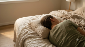 A person lying on rumpled linen sheets with their head turned to one side, seen over the shoulder in morning light.
