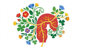 A flat vector folk-art illustration of a human rectum with stylised flowers and leaves on a white background.