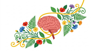 A flat folk-art vector illustration of a human brain with the vagus nerve extending from its brainstem, framed by stylised flowers and vines on white.
