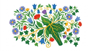 A flat folk-art vector illustration of a vagus nerve branching out from the brainstem, decorated with stylised flowers on white.