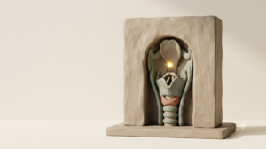 Clay standing block with an arch cut through it revealing a sage-green throat and windpipe, lit by a single golden spark.