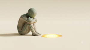 Clay figure in sage and putty seated with knees drawn up, facing a shallow pool of molten golden light on the ground.