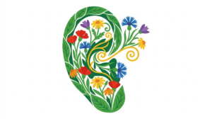 A flat vector illustration of a human ear surrounded by folk-art botanicals.