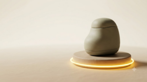 Clay stimulator device on a circular plinth ringed by a band of golden light