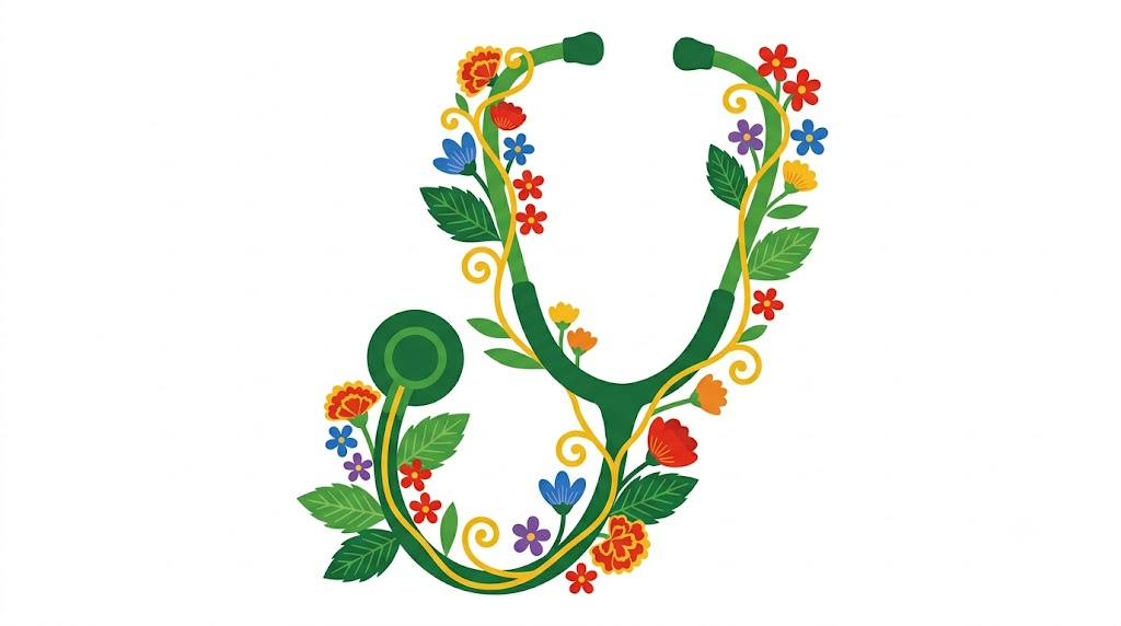 A flat vector folk-art illustration of a stethoscope on a white background.