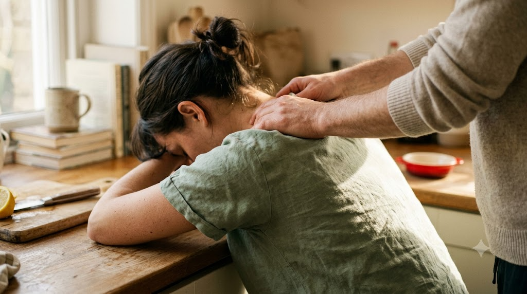 A practitioner working on a person’s upper back and neck in a warm room