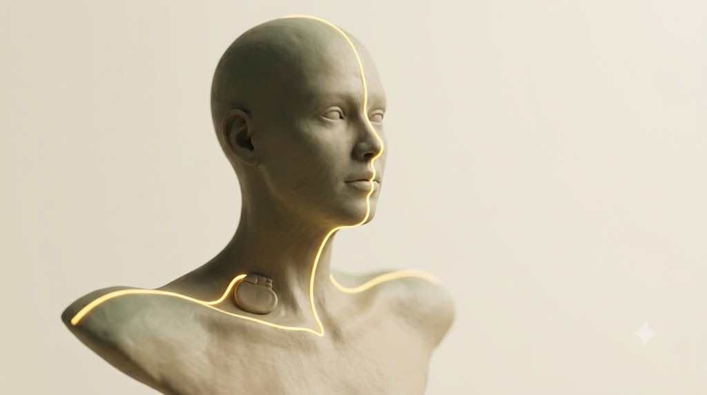 A sculpted matte clay human head and shoulders with a small implanted stimulator at the neck, marked by one bright golden light element.