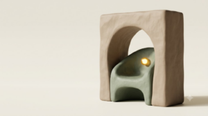 A soft matte clay render of a therapy treatment chair as an arch cut through a solid standing block, with a single bright golden light element.