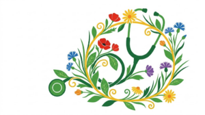 A flat folk-art vector illustration of a stethoscope wound with vines, cornflowers, daisies and grasses on white.