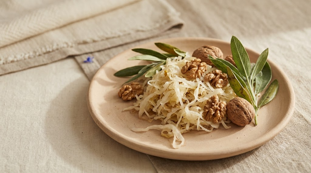A still life of sauerkraut, walnuts and fresh leafy greens arranged on a plain surface.