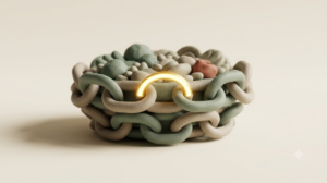 A soft matte clay render of a bowl of food formed as a chain of interlocking links with one link left open, lit by a single bright golden light element.