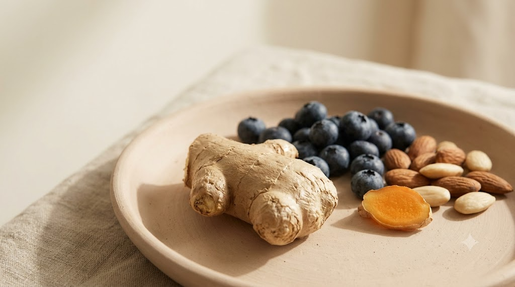 Fresh ginger root with blueberries and almonds on a shallow raw clay dish in soft daylight.