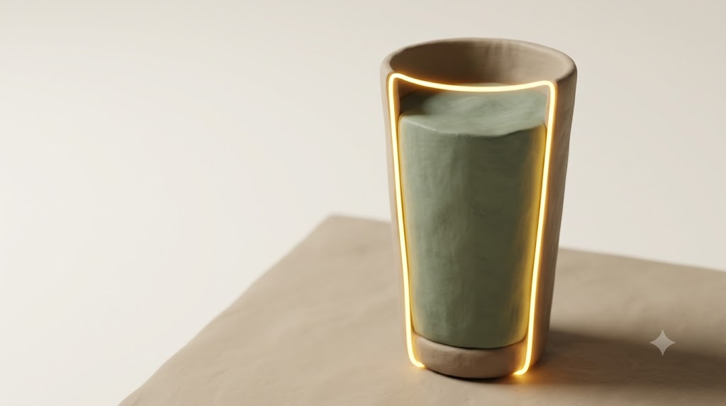 A sculpted matte clay glass of water, marked by one bright golden light element.
