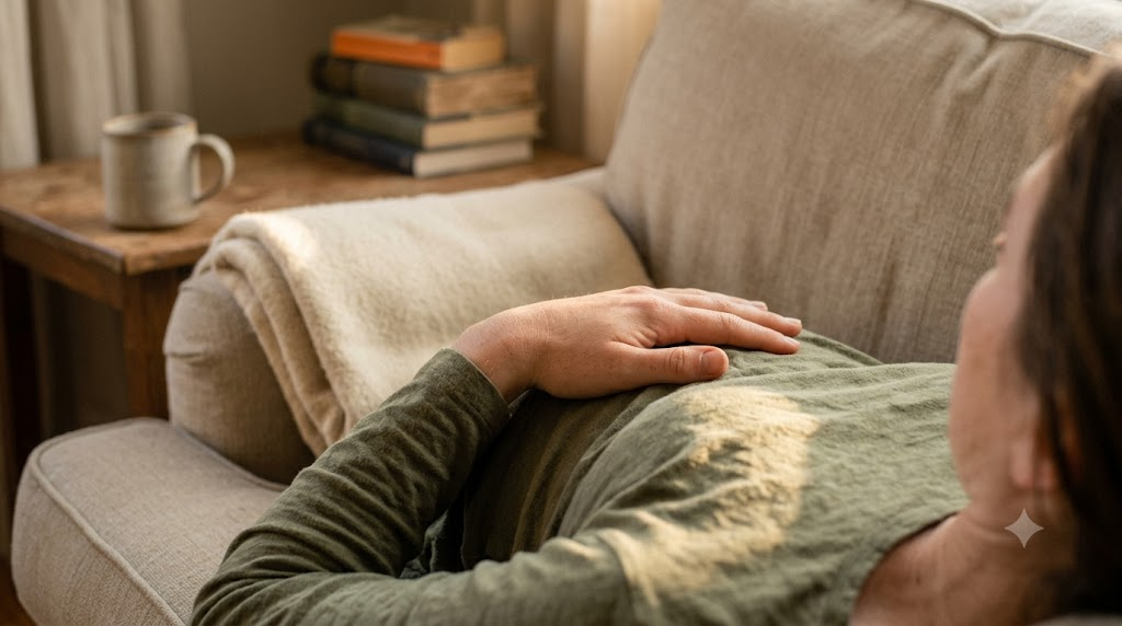 A person lying on their back with a folded blanket under their knees, resting one hand on their ribs, in a warm, lived-in room.