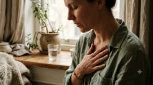 A woman in profile humming with one hand flat on her chest beside a sunlit windowsill.