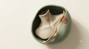 A sculpted matte clay human neck and chest, marked by one bright golden light element.