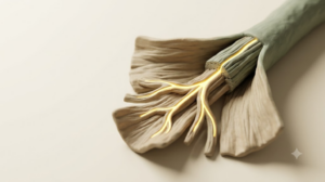 A sculpted matte clay mended nerve cord, marked by one bright golden light element.