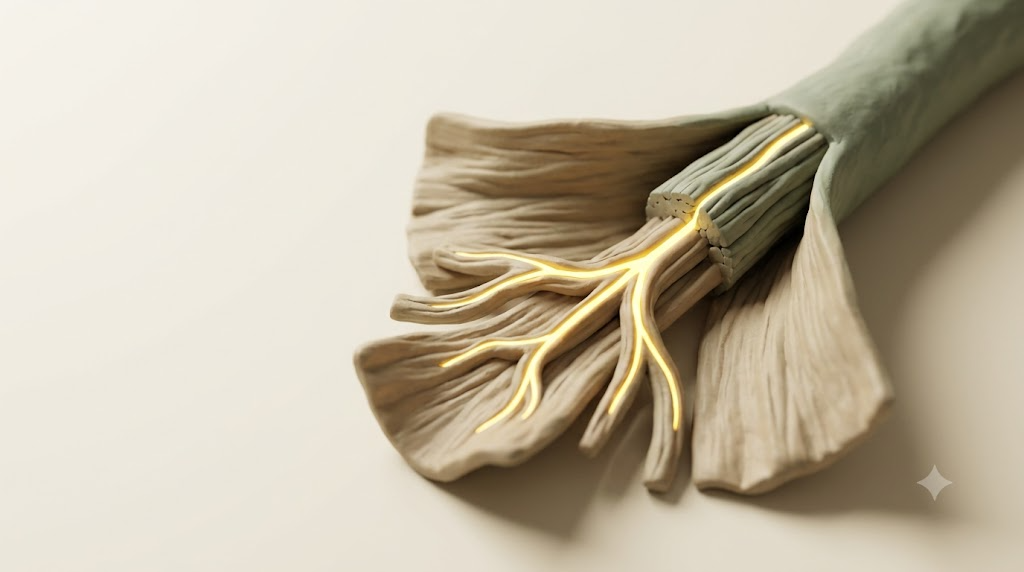 A sculpted matte clay mended nerve cord, marked by one bright golden light element.