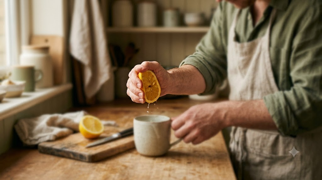 Close view of a pair of hands squeezing a cut lemon into a glass of warm water at a wooden kitchen counter in soft window light.