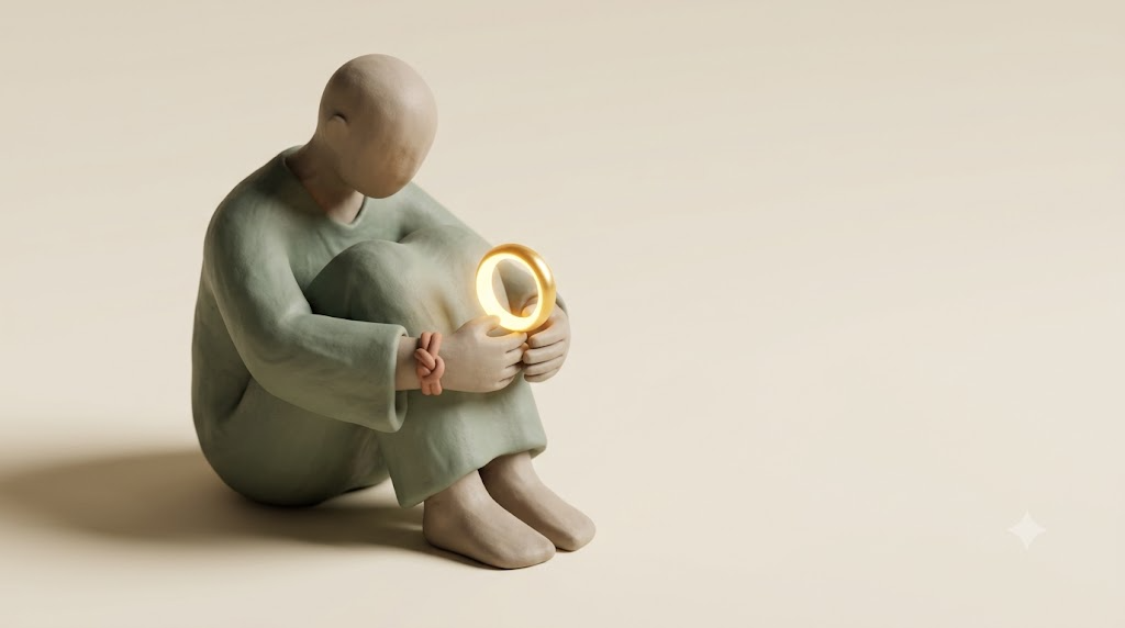 A soft matte clay render of a seated figure with knees drawn up, healing after trauma, with a single bright golden light element.