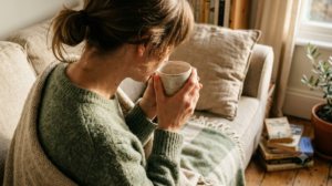A person cupping a warm mug in both hands with their eyes lowered in a warm room