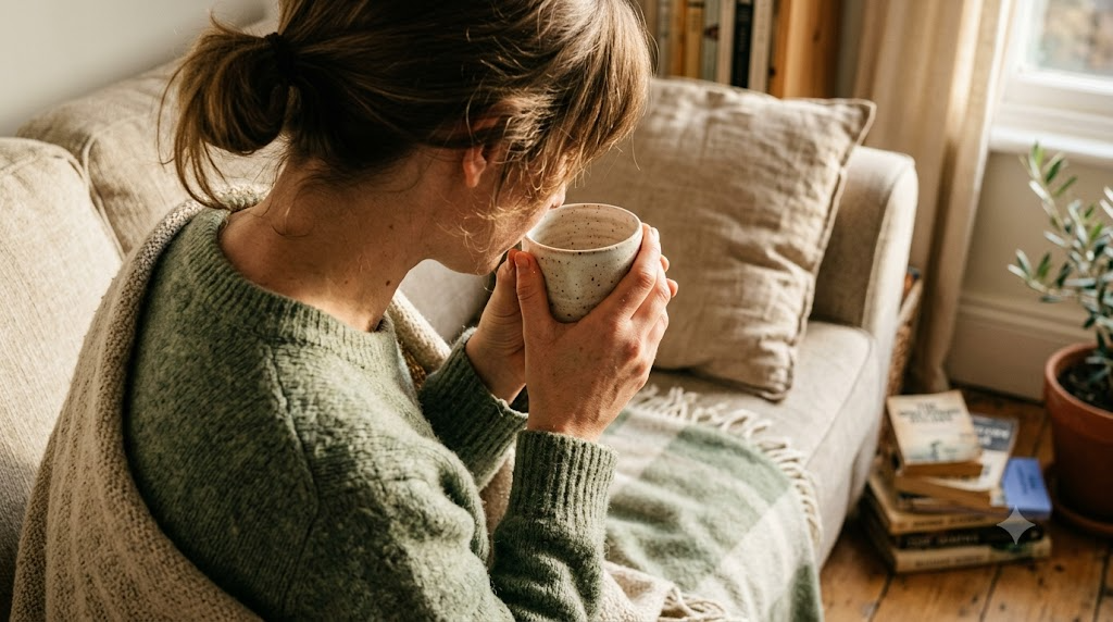 A person cupping a warm mug in both hands with their eyes lowered in a warm room
