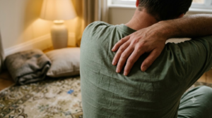 A person tilting their head slowly to one side to stretch the side of their neck in a warm, lived-in room.