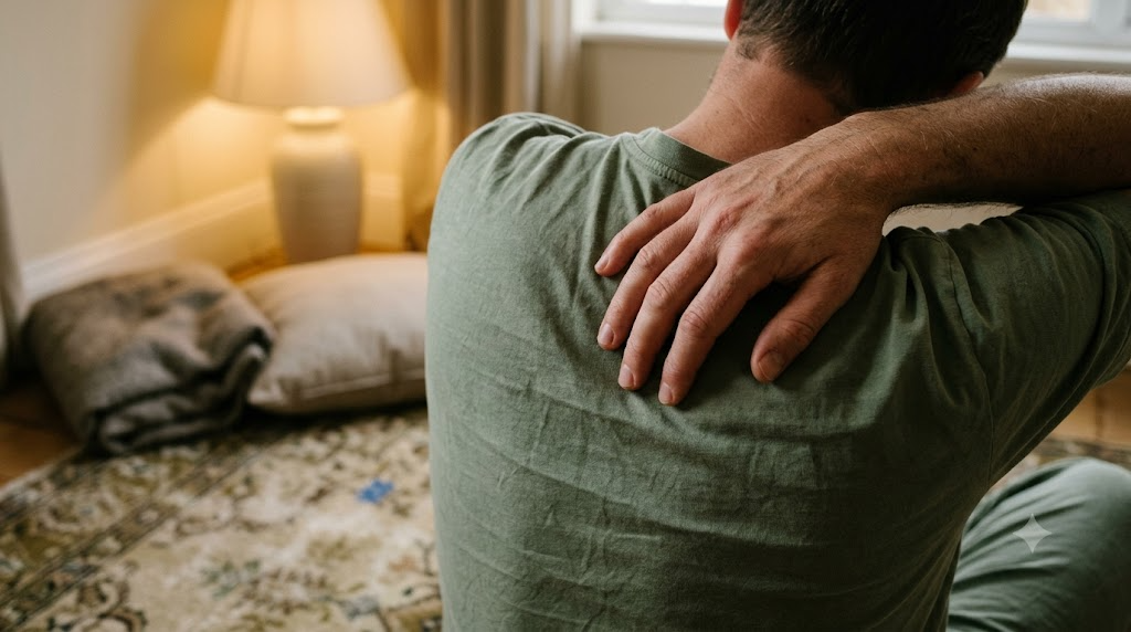 A person tilting their head slowly to one side to stretch the side of their neck in a warm, lived-in room.