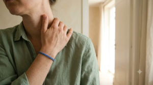 A person in a sage linen shirt tilting their head to one side with a hand resting on their shoulder, stretching the neck in soft daylight.