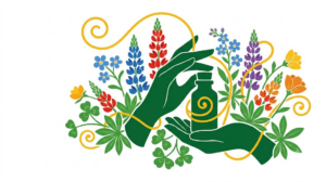 Flat vector folk-art illustration of a pair of hands holding a small remedy bottle, surrounded by stylised blooms and foliage on a white background.