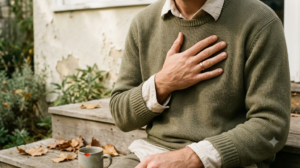 A person humming with one hand flat on their chest in a warm, lived-in room.