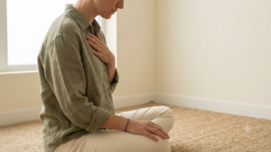 A person in a sage linen shirt kneeling on a woven rug with one hand resting flat on their chest, head lowered.