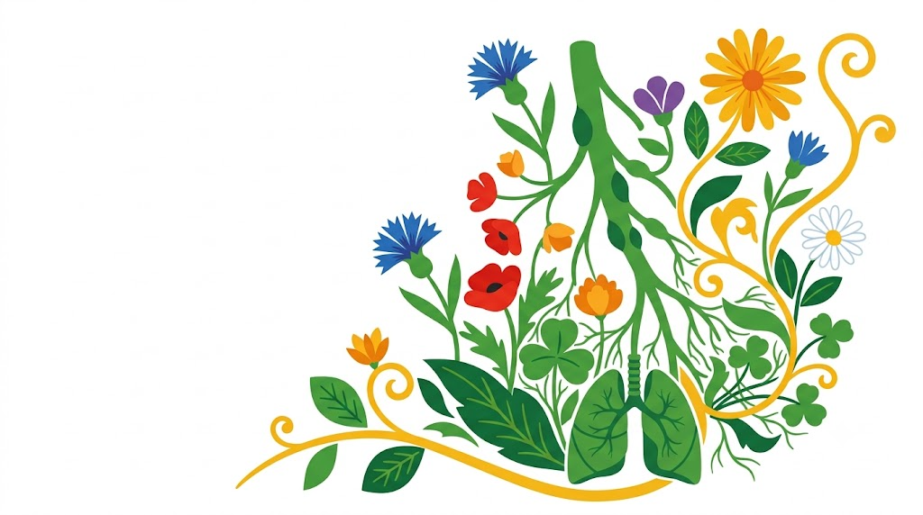A flat folk-art vector illustration of the human vagus nerve framed by stylised flowers and curling vines on white.