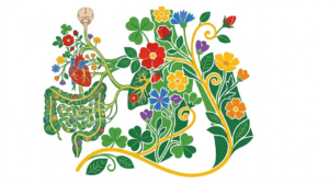 A flat folk-art vector illustration of the vagus nerve pathway with wild roses, buttercups and clover.