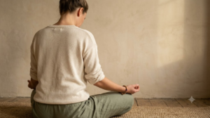 Photograph of a person sitting cross-legged and breathing slowly with both hands resting on their lap.