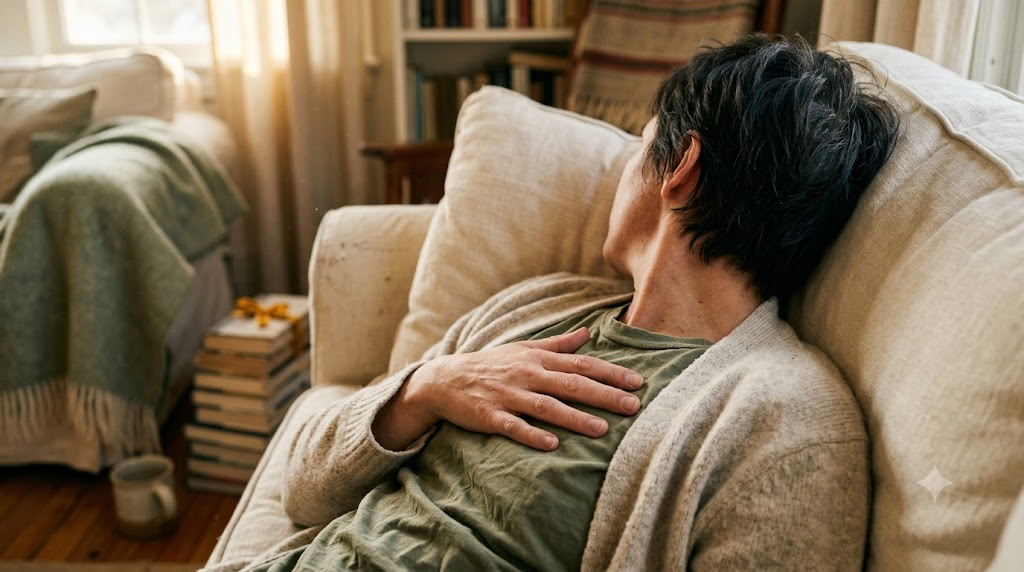 A person lying back with one hand resting on their ribs breathing slowly in a warm room