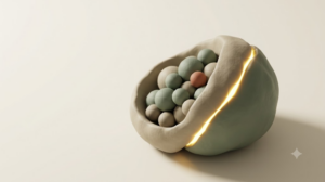 Clay hollow holding a cluster of small sage spheres with one terracotta bead, split by a bright golden seam along the shell.