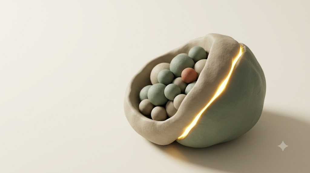 Clay hollow holding a cluster of small sage spheres with one terracotta bead, split by a bright golden seam along the shell.
