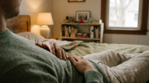 Seen over the shoulder on rumpled bedding, a person breathes out slowly with a hand resting on their belly in warm lamplight.