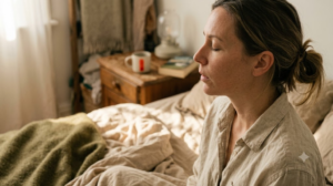A person in profile with eyes closed breathing out slowly on rumpled bed linen.
