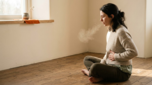 A photograph of a person breathing out into a long sigh with one hand resting on their ribs, face out of frame.
