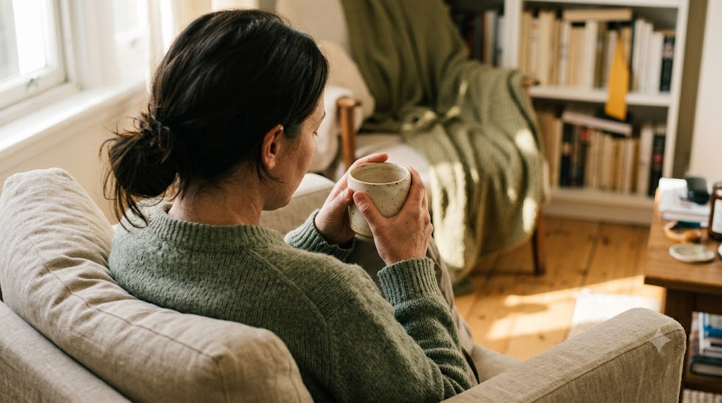 Over the shoulder view of a person holding a warm mug in both hands in a deep armchair.