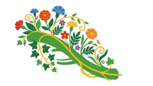 A flat folk-art vector illustration of a nerve trunk drawn as a broad green ribbon with stylised marigolds, ivy and golden vines on a white background.