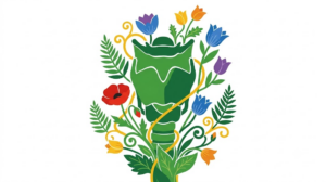 A flat folk-art vector illustration of a human larynx with poppies, tulips and ferns climbing around it on a white background.
