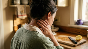 A person at a kitchen counter humming with one hand resting on the side of their neck in morning light.