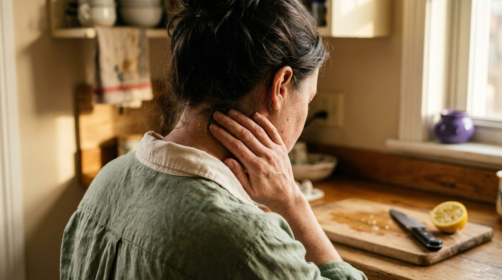 A person at a kitchen counter humming with one hand resting on the side of their neck in morning light.